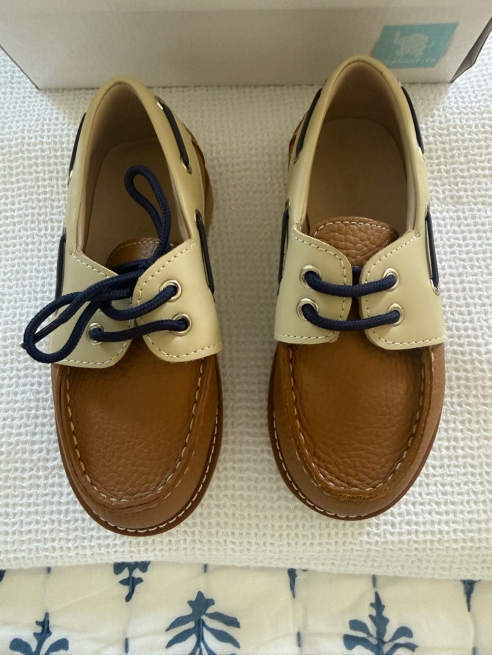 Elephantito Brown and Cream Boys Moccasin Boat Shoes with Navy Laces - Picture 2 of 5